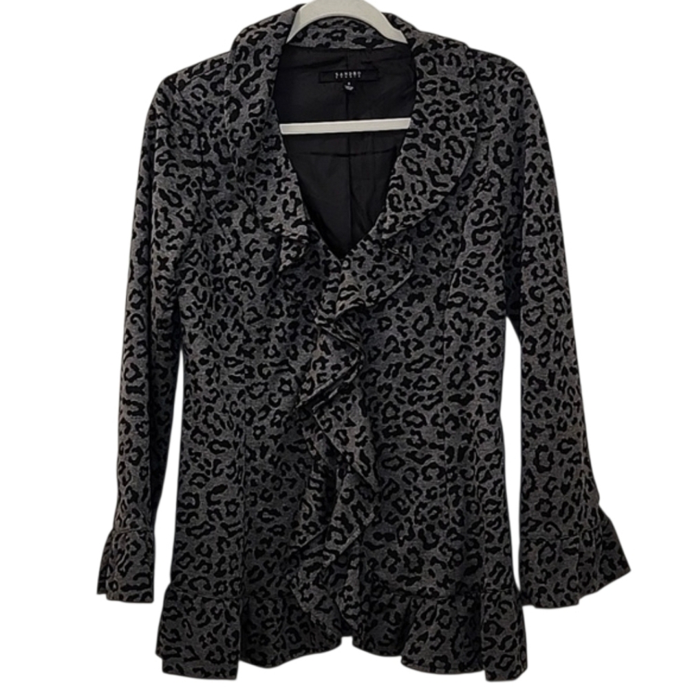 Sandro Studio Black Grey Leopard Print Ruffle Front Belted Blazer Size Small - Picture 2 of 16